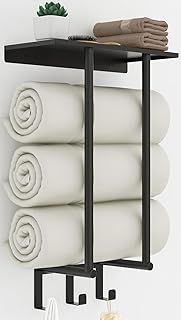 Towel Rack Wall Mounted, BETHOM Towel Racks with Shelf and 3 Hooks for Small Bathroom, Towel Storage Wall Can Holds Up to 3 Large Size(160x100 cm) of Rolled Towels, Black