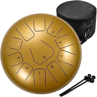 Amkoskr 10 Inches 25cm Steel Tongue Drum C Key 11 Notes Percussion Instrument Hand Pan Drum with Drum Mallets/Carry Bag(Gold)