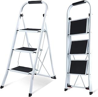 3 Step Ladder –Folding Step Ladder, Portable With Anti-Slip Mat & Comfortable Soft Handgrip, Heavy Duty Steel Step Ladder - Easy to Store Step Ladders, 150KG Max Capacity (3 Step - White)