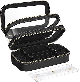 SONGMICS Jewellery Box with Makeup Bag, Travel Organiser, Portable Case with Separate Brush Bag, Transparent Window, Mirror, 22 x 12 x 12 cm, Ink Black