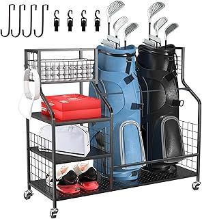Golf Storage Rack Organizer for Garage - Extra Large Golf Bag Stand for 2 Bags, Club Holder