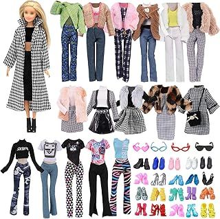 30 Doll Clothes Compatible with Barbie Dolls, 1 Thousand Bird Check Coat 2 Winter Coats 4 Tops 1 Pullover 2 Skirts 3 Pants 1 Hat 2 Glasses 14 Shoes for 11.5 Inch Doll Girls Gift, in Random
