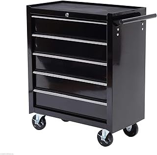 HOMCOM Steel 5-Drawer Tool Storage Cabinet Lockable with Wheels Handle 2 Keys Garage Equipment Trolley Home Work DIY Workshop Chest Black