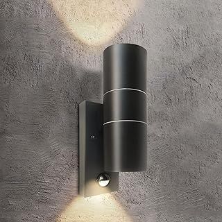 EXTRASTAR Black Outdoor Wall Lights PIR Motion Sensor, GU10 Base Double Up Down Exterior Wall Sconce, IP44 Stainless Steel Wall Light for Garden, Patio,Porch, Garage（Bulb not Included）