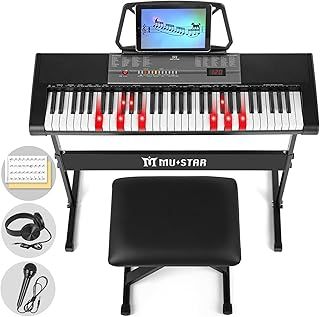 61 Key Electronic Keyboard Piano with Lighted up Keys,LCD,Headphones,X-Stand,Stool,Music Rest,Microphone,Note Stickers,Built-In Speakers,3 Teaching Modes,Ideal for Beginner Adult (Black with Stool)