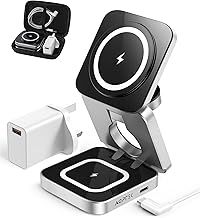 AGPTEK 3 in 1 Wireless Charging Station, Mag -Safe Magnetic Foldable Wireless Charger, Travel Charger for iPhone 16 15 14 13 12 Pro Max/Mini, for Apple Watch 2-9/Airpod, with Carrying Case 18W Adapter