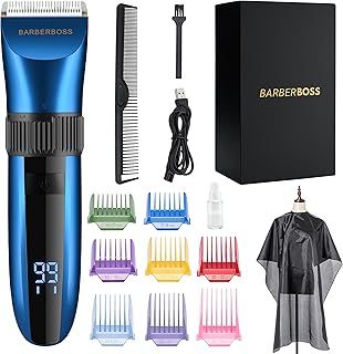 BarberBoss Cordless Self-Sharpening Beard & Hair Trimmer - Waterproof with Ceramic Blades, LED Display, Fast Charging, and 8 Color Comb Attachments QR-2082