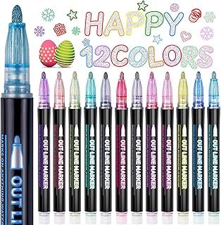 Lenski Arts and Crafts for Kids, Glitter Pens Outline Marker Pens, Teenage Girls Gifts Birthday Presents, Gifts for 4-13 Year Old Girls, 12 Colouring Pens Metallic for Scrapbook, Art Supplies