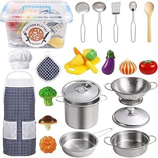 Sundaymot Kids Kitchen Pretend Play Toys Accessories with Stainless Steel Cookware Pots and Pans Set, Cooking Utensils, Apron & Chef Hat, Cutting Vegetables for 3 Year Old Kids, Girls, Boys, Toddlers