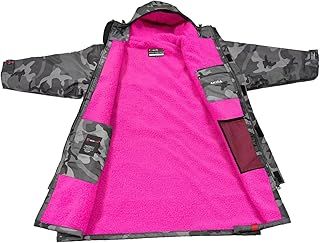 Waterproof Oversize Swimming Changing Robe, Adult Windproof Hooded Surf Poncho Coat Swim Towel - Swimming, Surfing, OCR Events - Long Sleeves (S, Cam Black/Pink)