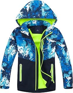 LAUSONS Boys Waterproof Jacket Kids Coat Camo Girls Lightweight Windbreaker Outdoor Fleece Raincoat with Hood
