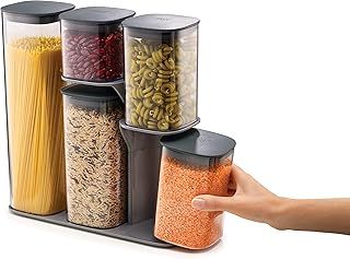 Joseph Joseph 5 piece Podium Airtight Kitchen Food Storage Jar Container Set with Stand, Grey