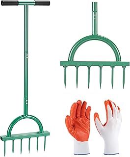 Meoligr Lawn Aerator Spikes Aerating Tool, Manual Aeration Tools with Padded T-Handle, Wide Foot Plate, Six 3.9 Inch Solid Steel Spikes, Yard Aerators for Lawn Yard & Garden
