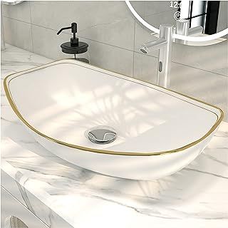 MEJE 56.5 x 40.3 cm Luxury Gold Rim Oval Vessel, Above Counter Bathroom Sink, Porcelain Ceramic Vessel Vanity Sink, Art Basin