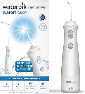Waterpik Cordless Pearl Water Flosser, Electric Dental Flosser, Rechargeable Dental Plaque Removal Tool, Clean Between Teeth, Oral Irrigator, Ideal for Travel or Small Bathrooms, White, WF-13UK