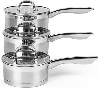 Salter Timeless 3 Piece Saucepan Set - 16cm, 18cm, 20cm Stainless Steel Pans, Includes Tempered Glass Lids With Steam Vents, Induction Hob Cooking Pans, Scratch Resistant Finish