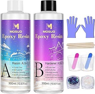 Epoxy Resin Crystal Clear Resin Kit for Beginners, 600ml/23oz Resin Accessories and Casting Resin Starter Kit with Resin Glitter, Measuring Cups, Gloves and Sticks for Art, Craft, Jewelry Making