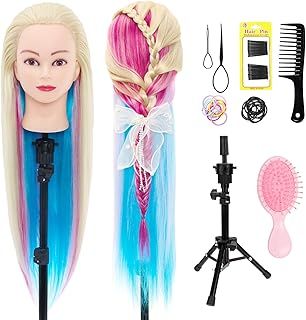 26" 100% Synthetic Fiber Long Hair Hairdressing Training Head Manikin Doll Multicolored with Tripod Adjustable Stand Practice Mannequin