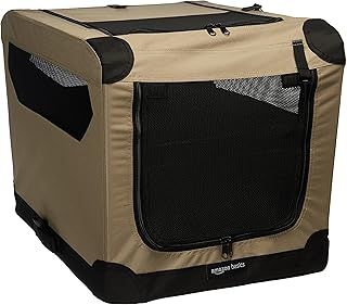 Amazon Basics 2-Doors Portable Soft-Sided Folding Travel Crate Kennel for cat, dog, and other small animals, Tan, S 66 cm x 46 cm x 46 cm