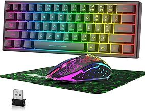 60% Wireless Gaming Keyboard and Mouse Combo Set 2.4GHz Rechargeable 3800mAh Quiet 61 Keys Compact Gaming Keyboard with Rainbow LED Backlit + 2400DPI 6 Buttons Rainbow LED Silent Mouse (Black)