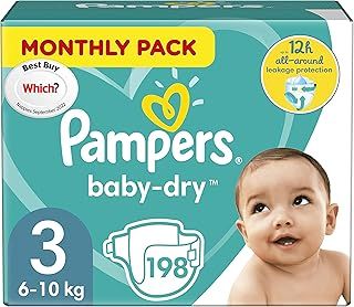 Pampers Baby Nappies Size 3 (6-10 kg / 13-22 lbs), Baby-Dry, 198 Count, Monthly Savings Pack, Air Channels for Breathable Dryness Overnight