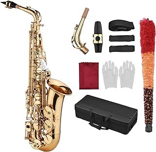 KOCAN Eb Saxophone, Saxophone Sax Eb Be Alto E Flat Brass Carved Pattern on Surface Plastic Mouthpiece Exquisite with Gloves Cleaning Cloth Brush Straps