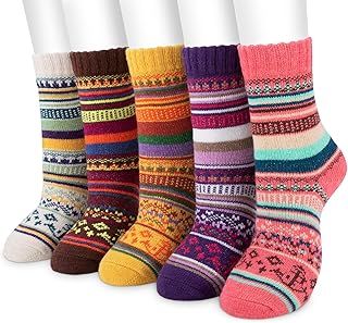 SMALUCK Women Winter Socks, 5 Pairs Thermal Wool Warm Knitting Ladies Socks Vintage Style Cotton Thick Bed Sock Multicoloured for Home Office School, 4/8 UK