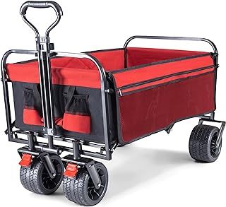 BedStory All Terrain Wheels With Brakes Collapsible Beach Trolley with 176LBS Large Capacity, Folding Wagon Cart Festival Trolley for Camping Picnic Outdoor, Black+red, 77.5x59x19 cm (ODC001)