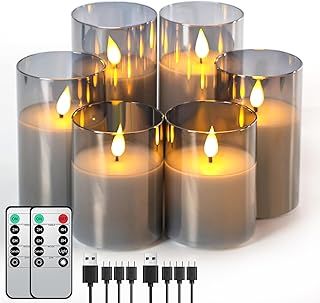 Set of 6 Grey Glass LED Candles Rechargeable with Remote Control Timer, Dimmable Rechargeable Flameless Candles with Charging Cable for Home Decoration, Camping, Weddings, Gifts
