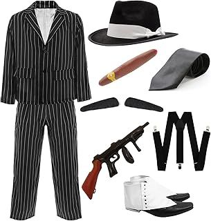 Adults Deluxe Gangster Costume – XXL - Black & White Gangster Pinstripe Suit Jacket & Trousers, Fedora, Inflatable Tommy Gun, Braces, Fake Cigar, Spats, Spiv Tash, Tie – 1920s Fancy Dress Costume