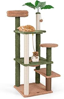 COSTWAY Cat Tree, 152cm Tall Cats Climbing Tower with Sisal Scratching Posts & Rope, Hanging Toy, Groom Brush, Faux Plant Decoration, Multi-level Kitty Activity Center for Indoor Cats
