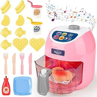 deAO Kids Air Fryer Pretend Kitchen Toy with 16 Pieces Accessories, Realistic Light & Sound, Play Food, Educational Toy Set for Kids Girls Boys