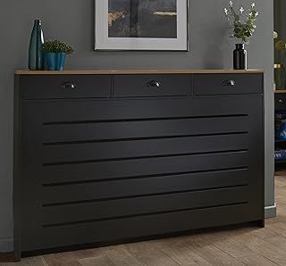 Radiator Cover Black Painted MDF Cabinet Horizontal Slat Storage Drawers & Shelf, Radiator Cabinets for Office Hallway Living Room Bedroom, Large (H: 150cm / W: 96cm / D: 19cm)