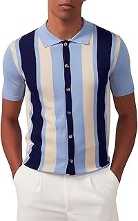 Kallspin Men's Vintage Knit Polo Shirt Short Sleeve Striped Button Down Knitting Golf Shirts