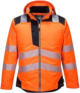 Portwest T400 Men's PW3 Lightweight Hi Vis Hooded Work Jacket Reflective Full Zip Safety Utility Quilt Lined Waterproof Workwear Orange/Black, Medium