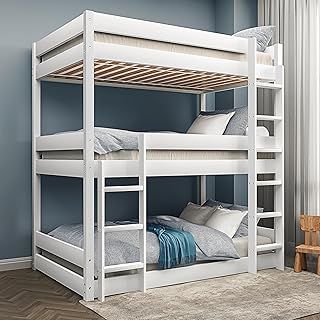 Blisswood 3ft Wooden Bunk Beds With Ladder, Triple Sleeper Kids Bunk Bed, Solid Pine Wood Single Bed Frame For Kids Children Home (White, L197 x W96 x H198 cm)