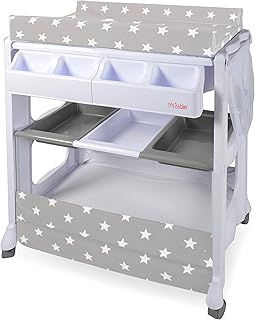 My Babiie Baby Changing and Bath Unit - from Birth to 11kg, Nursery Changing Station with Mat for Newborn, Infant Table with Water Basin and Storage - Oatmeal Herringbone