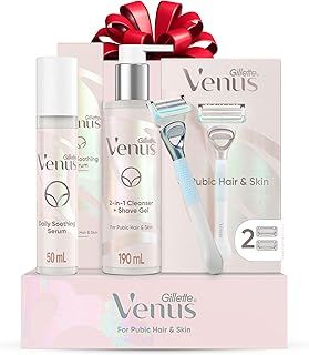 Gillette Venus Shaving Set for Pubic Hair and Skin, 1 Venus Handle, 2 Razor Blades, 2 in 1 Cleanser and Shaving Gel for Women, 190 ml, Soothing Serum for Intimate Care 50 ml