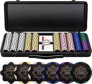 SLOWPLAY Nash 500 PCS Clay Poker Chips Set for Texas Hold’em | Professional 14g numbered poker chips | Deluxe chip case | 2x Plastic Playing Card Decks, waterproof | Luxury Dealer Button