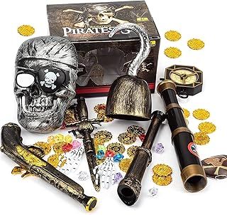 Pirate Treasure Play Set for Kids,Pirate Role-Play Toys,Pirate Costume kids Accessories with Pirate Mask,Gold Coins,Pirate Hook,Compass,Telescope,Plastic Sword,Eye Patch,Badge for Party Decor.