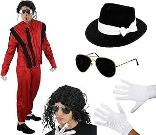 Adults King of Pop Costume - Red Jacket and Trousers, Black Wet-Look Wig, Black Fedora Hat, White Gloves, Black Sunglasses - Adults Halloween Fancy Dress Costume