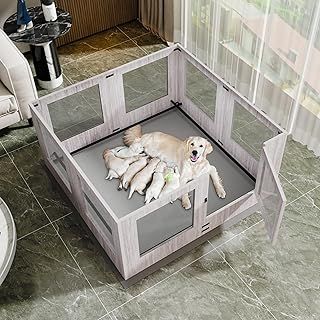 BingoPaw Wooden Dog Whelping Box: Large Indoor Tempered Glass Puppy Playpen Safe Pet Whelping Pen Box with Protective Ledge and Waterproof Pad (H60cm x W120cm x D 118cm)