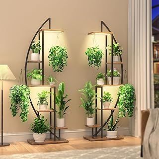 Plant Stand Indoor with Grow Lights, 6 Tiered Tall Plant Shelf, Metal Plant Stand for Indoor Plants Multiple, Half-Moon Plant Rack Display Shelf, 2 Pcs Plant Holder for Living Room, Patio