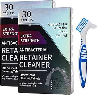 Retainer Cleaner Tablets with Denture Brush - 60 Tablets 2 Months Supply | Retainer Cleaning Tablets, Retainer Tablets Denture Cleaners for Dentures, Mouth Guards, Retainers, Aligners
