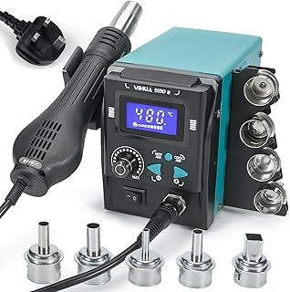 959D-II Hot Air Rework Station for SMD Soldering and desoldering w LCD Screen, 5 Quick-Change Nozzles, Nozzle Rack, Auto Start/Stop, Adjustable Temperature, Air Volume