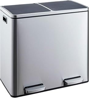 60L Kitchen Waste Rubbish Recycling Soft Close Bin 2 x 30L Double Compartment Separation with Removable Plastic Buckets, Odour Seal, Smudge & Fingerprint Resistant (Silver)