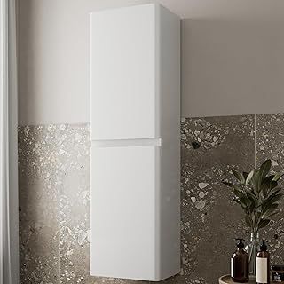 Artis® Centro 1200 x 350mm Wall Mounted Tall Bathroom Cabinet Wall Hung Tall Boy Unit 2 Door Bathroom Furniture Storage Cupboard Tallboy, Soft Close Doors, White Gloss