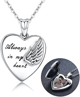 MEDWISE Sterling Silver Locket Necklace That Holds Pictures Guardian Angel Wings Heart Locket Pendant Necklaces Always in My Heart Photo Lockets Keepsak Gifts for Women Girl
