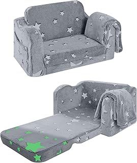 MeMoreCool Kids Couch, Folding Toddler Chair Bed, Soft Plush Fold Out Kids Armchair Floor Mini Sofa Glow in The Dark, Comfy Baby Recliner for Girls Boys, Grey