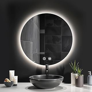 Round Bathroom Mirror with LED Lights,600mm Illuminated LED Bathroom Mirror Wall Mounted,Bathroom Mirror with 3 Colour Lighting,Anti-fog,Waterproof IP44,Touch Control
